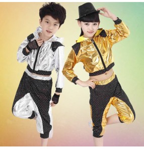Silver gold long sleeves patchwork boys girls kids child baby modern dance jazz dance hip hop dance costumes outfits set